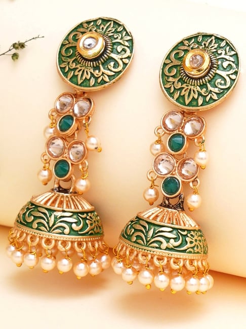Karatcart Gold-Plated Green Meena & Pearl Studded Jhumki Earrings for Women-picture-16