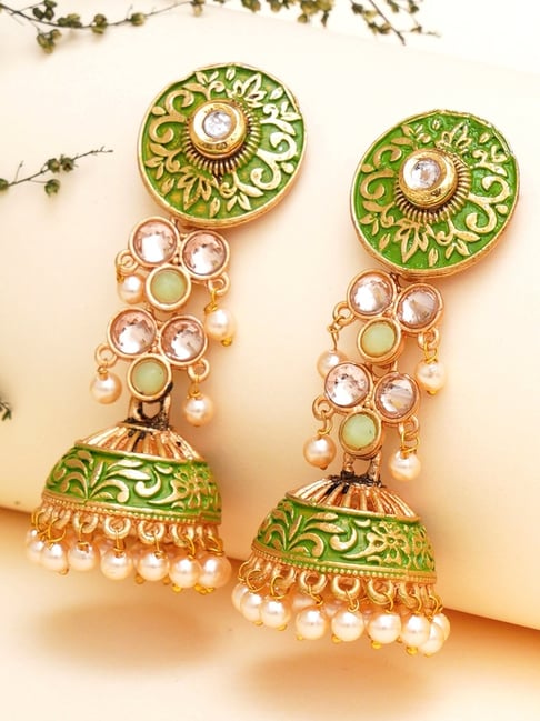 Karatcart Gold-Plated Light Green Meena & Pearl Studded Jhumki Earrings for Women-picture-25