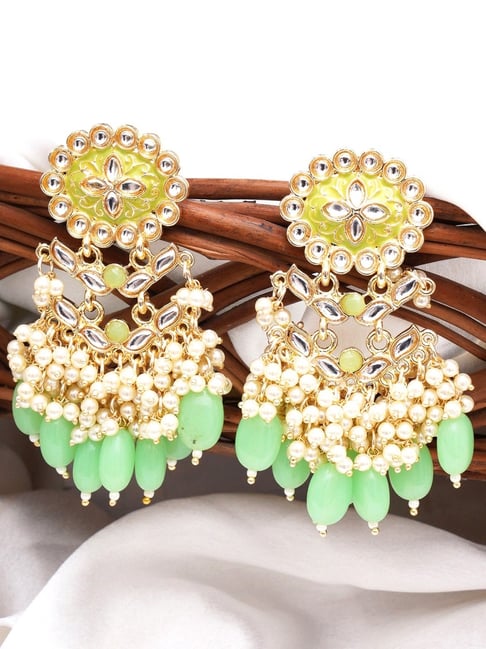 Karatcart Gold-Plated Kundan Studded Light Green Meena Tumble Drop Earrings for Women-picture-34