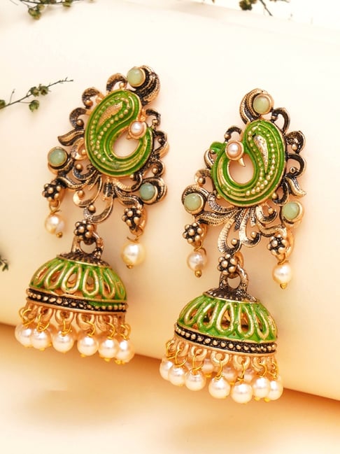 Buy Priyaasi Women Green White Pearls Beads Kundan Gold Plated Floral  Chained Jhumka Earrings Online at Best Price | Distacart