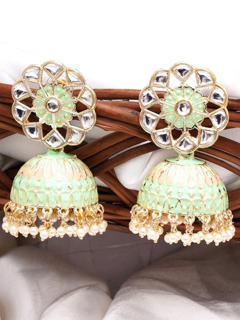 Buy Oomph Jewellery Pink & Green Kemp Stone South Indian Jhumka Earrings  online