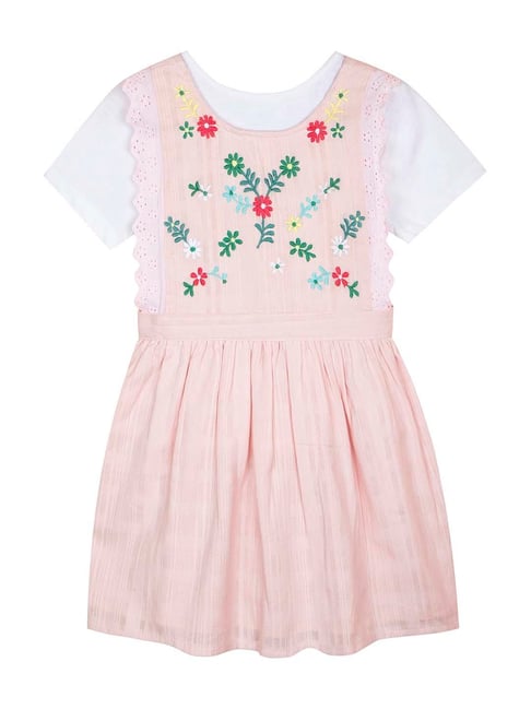 Budding Bees Kids Pink & White Cotton Embroidered Dress-picture-36
