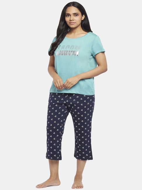 Dreamz by Pantaloons Green Blue Cotton Printed T Shirt Capris Set