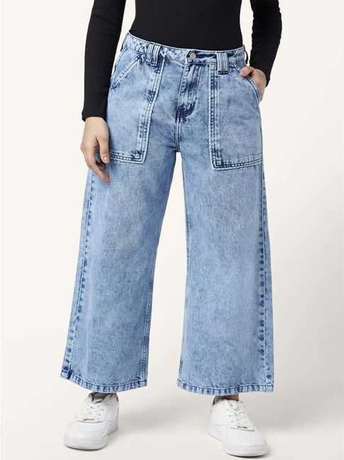 People by Pantaloons Blue Cotton Mid Rise Flared Jeans-picture-44