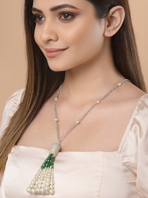 Zaveri Pearls Silver-Plated Cubic Zirconia-Studded Lariat Necklace Earring  & Ring Set - Absolutely Desi