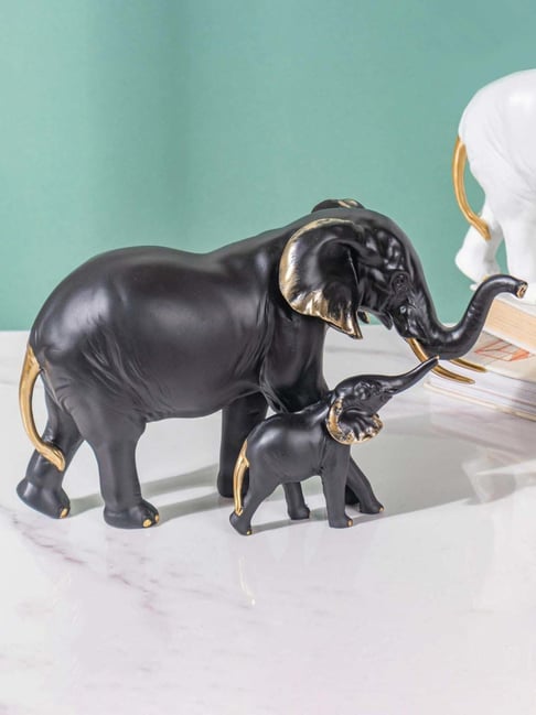 Nestasia Artisanal Resin Made Black With Golden Detailing Mother Elephant With Baby Showpiece-picture-14