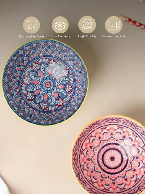 Nestasia Multicolored Mandala Floral Ceramic Bowl Chopstick (Set Of  Bowls Pair Chopstick)