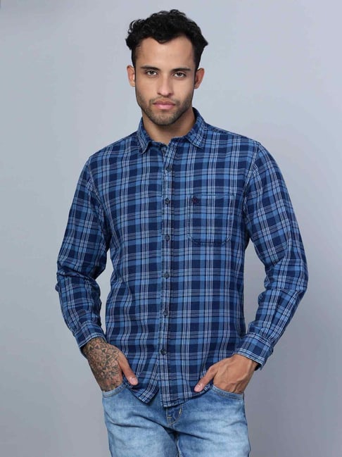 Cantabil Navy Blue Cotton Regular Fit Checks Shirt