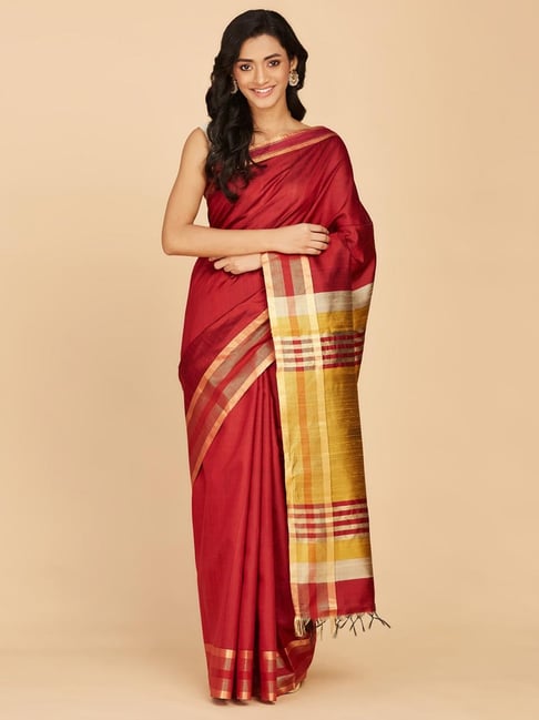 Fabindia Red Cotton Silk Printed Saree Without Blouse Piece