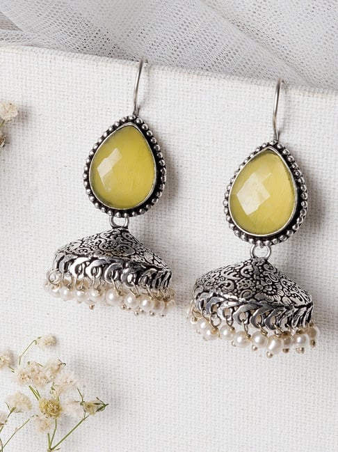 Teejh Ethnic Sahasra Yellow Stone Silver Oxidized Jhumki Earrings-picture-31