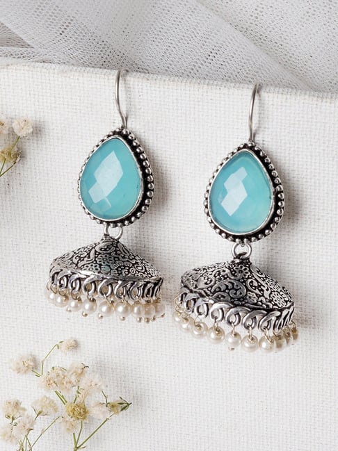 Buy At Best Sky Blue Silver Polish Diamond Hanging Earrings