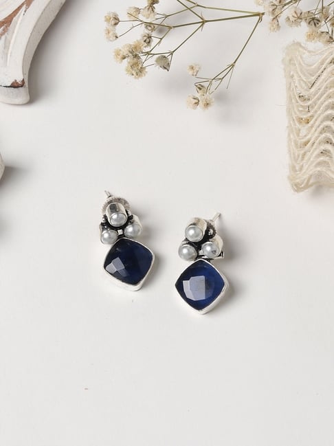 Blue Stone Studded lightweight German Silver Stud Earrings – StylishKudi