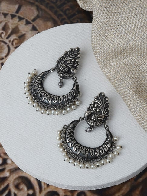 Fashion Oxidized Silver Beaded Chandbali Hoop Earrings For Girls - Silver  Palace