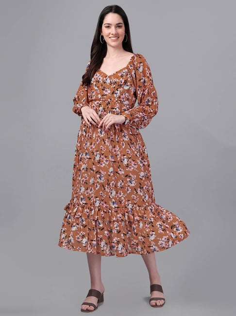 MASAKALI.CO Brown Floral Print Midi Dress-picture-27