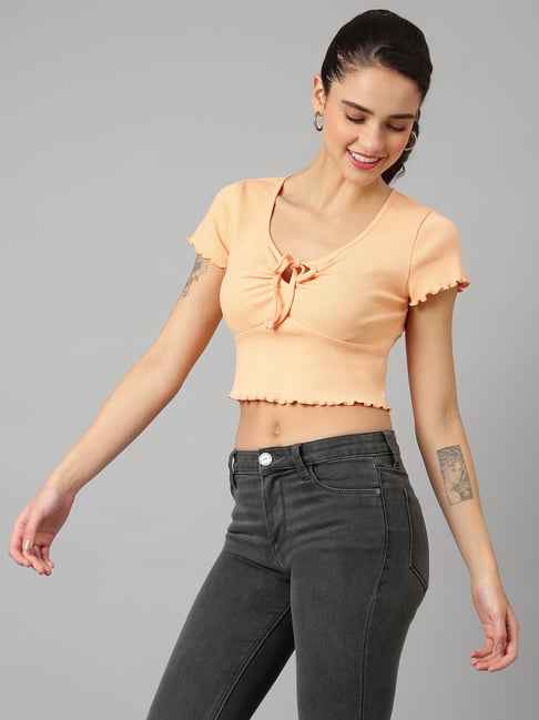 Anai Light Coral Cotton Regular Fit Crop Top