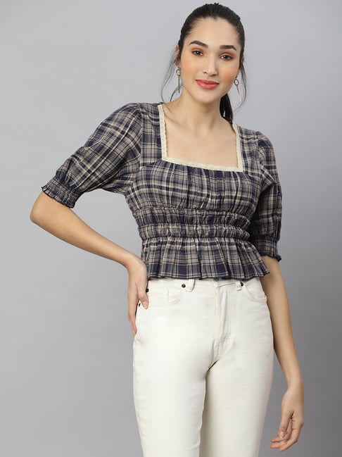 Anai Navy Cotton Checks Crop Top