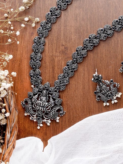 Buy Black Metal Long Oxidised Silver Necklace Set with Earrings Online   The Jewelbox