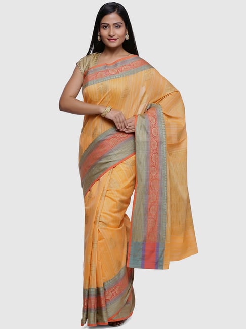 Banarasi Silk Works Orange Silk Woven Saree With Unstitched Blouse