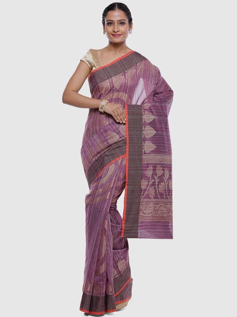 Banarasi Silk Works Purple Silk Woven Saree With Unstitched Blouse