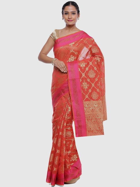 Banarasi Silk Works Pink Silk Woven Saree With Unstitched Blouse