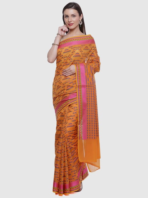 Banarasi Silk Works Orange Silk Woven Saree With Unstitched Blouse