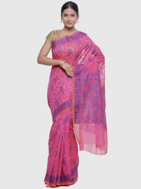 Banarasi Silk Works Pink Silk Woven Saree With Unstitched Blouse