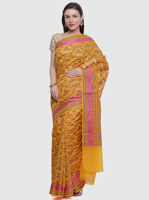 Banarasi Silk Works Yellow Silk Woven Saree With Unstitched Blouse