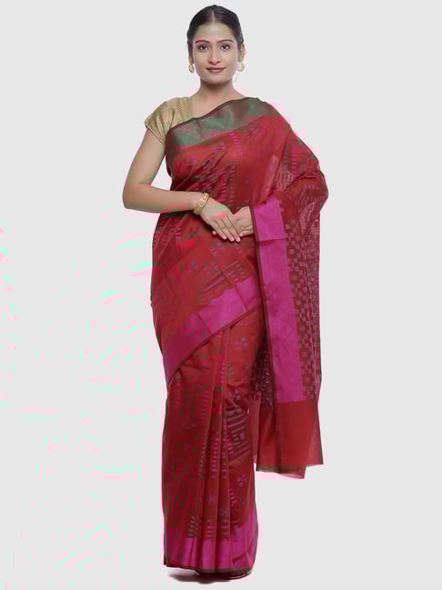 Banarasi Silk Works Rust Silk Woven Saree With Unstitched Blouse