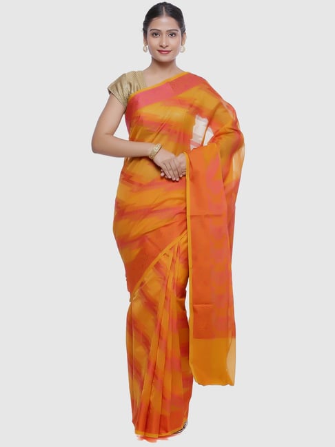 Banarasi Silk Works Orange & Mustard Silk Woven Saree With Unstitched Blouse-picture-27