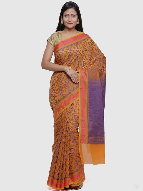 Banarasi Silk Works Orange Silk Woven Saree With Unstitched Blouse