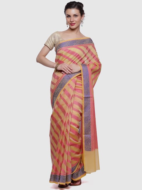 Banarasi Silk Works Beige & Pink Silk Woven Saree With Unstitched Blouse