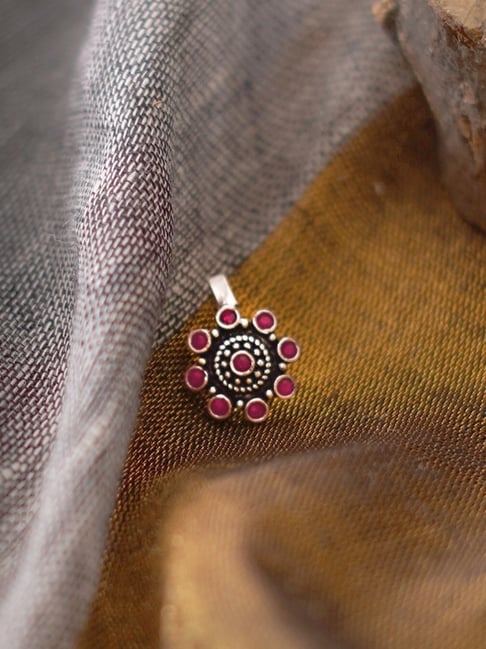 Teejh Ethnic Aagamya Red Stone Silver Oxidized Nose Pin for Women
