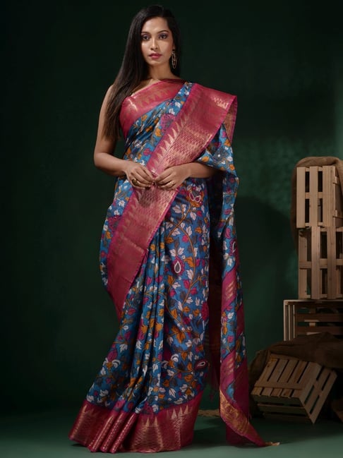 CHARUKRITI Blue & Pink Silk Woven Saree With Unstitched Blouse