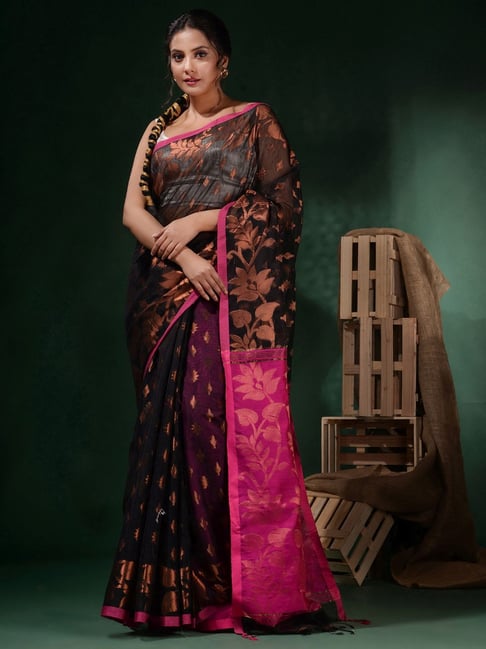 Black and Pink Embroidered Floral Saree – Stylemantra