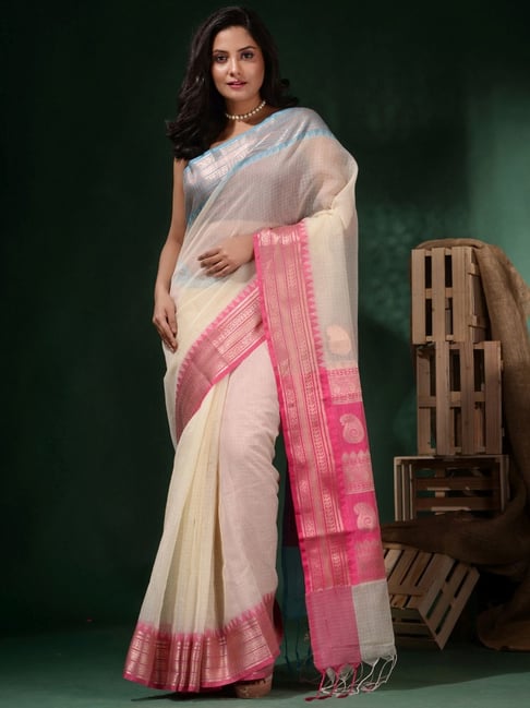 Ash White Tissue Silk Saree with Pink Borders - D'Arka Ensemble