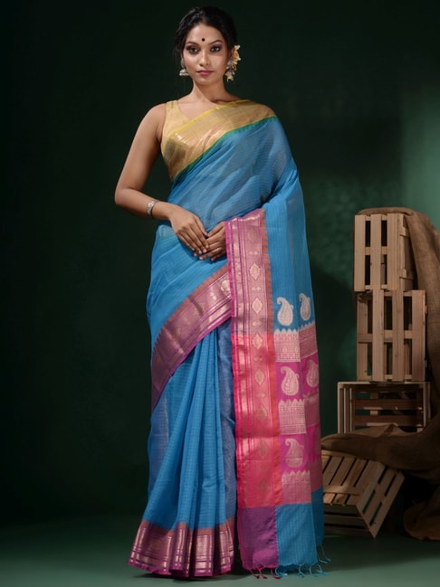 CHARUKRITI Blue & Pink Silk Woven Saree With Unstitched Blouse