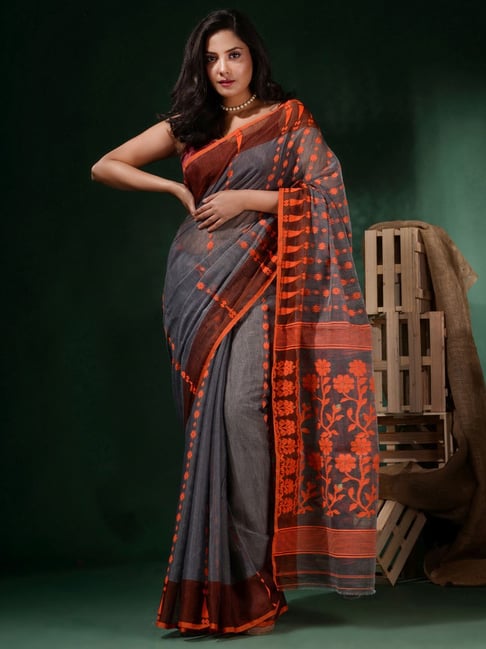 Handloom Cotton Saree - Grey with Red Paar - ArtisanSoul