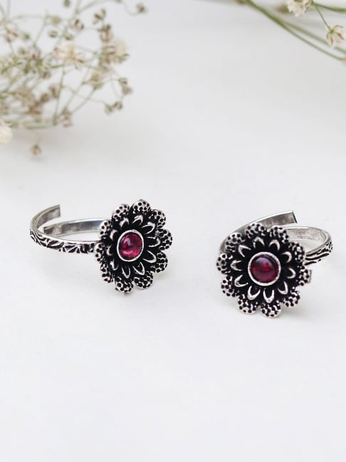 Teejh Ethnic Tishya Pink Stone Silver Oxidized Toe Rings for Women