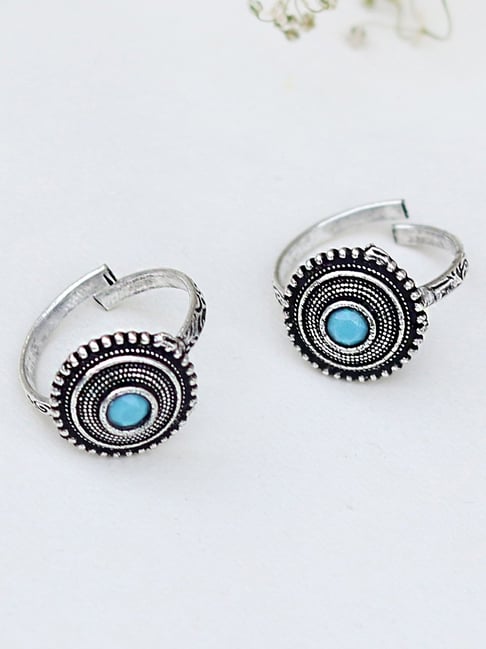 Teejh Ethnic Shaanvi Light Blue Stone Silver Oxidized Toe Rings for Women-picture-30