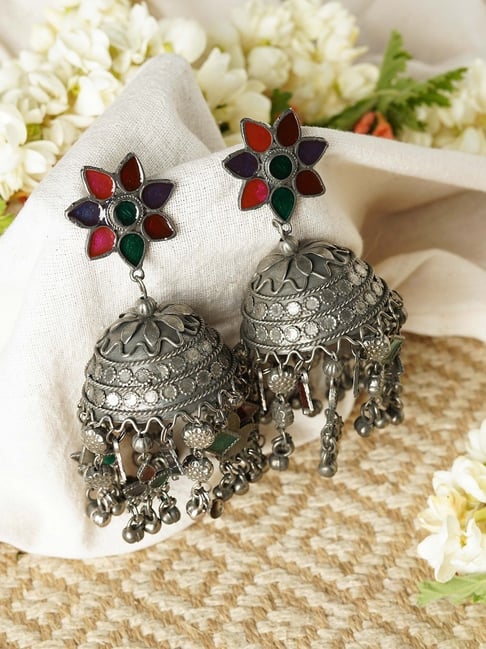 Star stud CZ Oxidized Silver Large Jhumka Earrings – Simpliful Jewelry