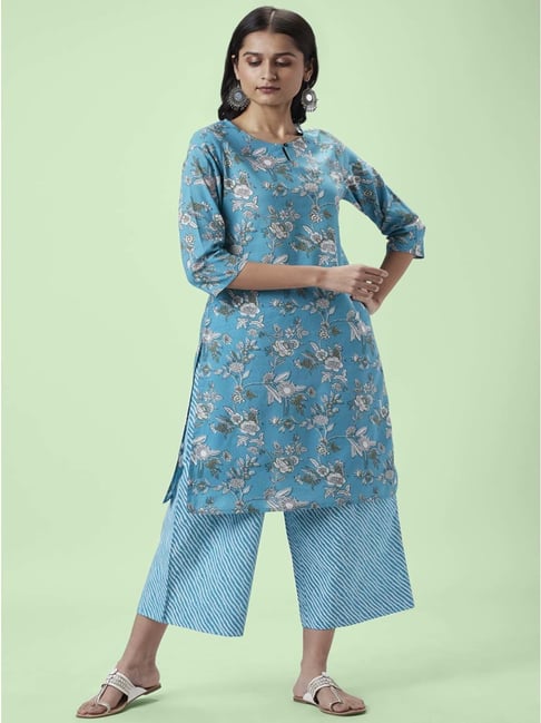 Rangmanch by Pantaloons Teal Green Cotton Floral Print Kurta Palazzo Set