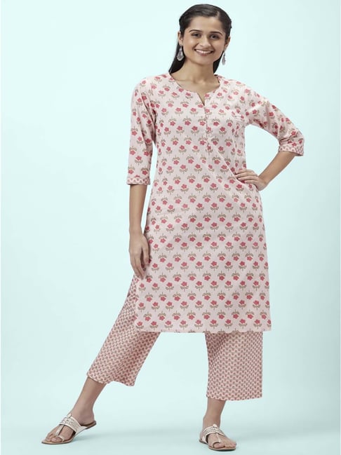 Rangmanch by Pantaloons Pink Cotton Floral Print Kurta Palazzo Set