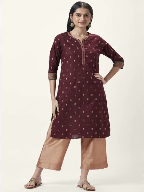 Buy Rangmanch by Pantaloons Maroon Cotton Printed Straight Kurta for Women  Online @ Tata CLiQ