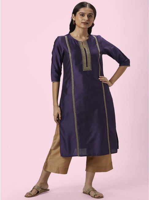 Kurtas, Rangmanch Purple Embellished Kurtasl With 3/4th Sleeves (Women's)