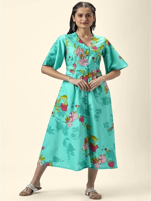 Akkriti by Pantaloons Teal Green Printed A-Line Dress