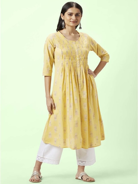 Rangmanch by Pantaloons Yellow Cotton Printed A Line Kurta