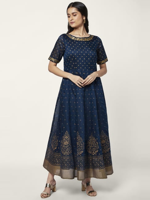Rangmanch by Pantaloons Indigo Blue Floral Print Maxi Dress