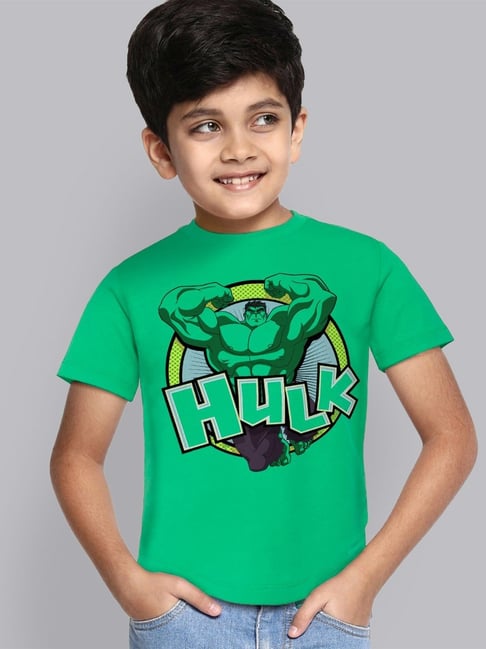 Kidsville Green Cotton Printed Hulk T Shirt