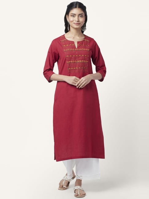 Rangmanch by Pantaloons Red Cotton Embroidered Straight Kurta