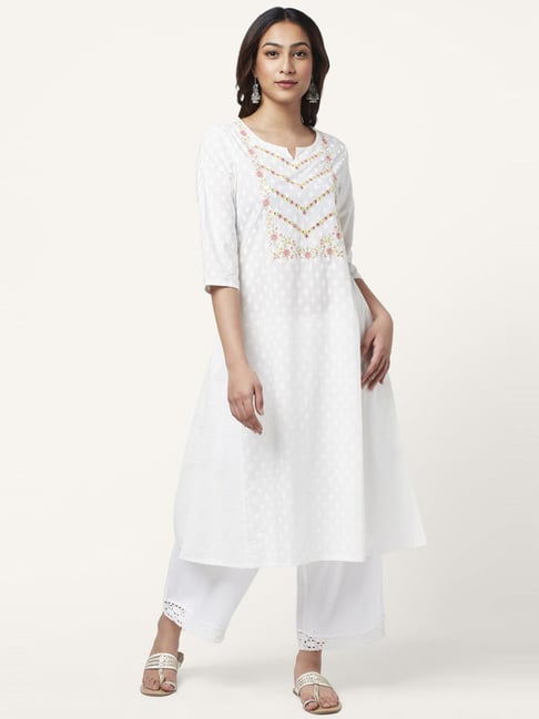 Rangmanch by Pantaloons White Cotton Embroidered A Line Kurta